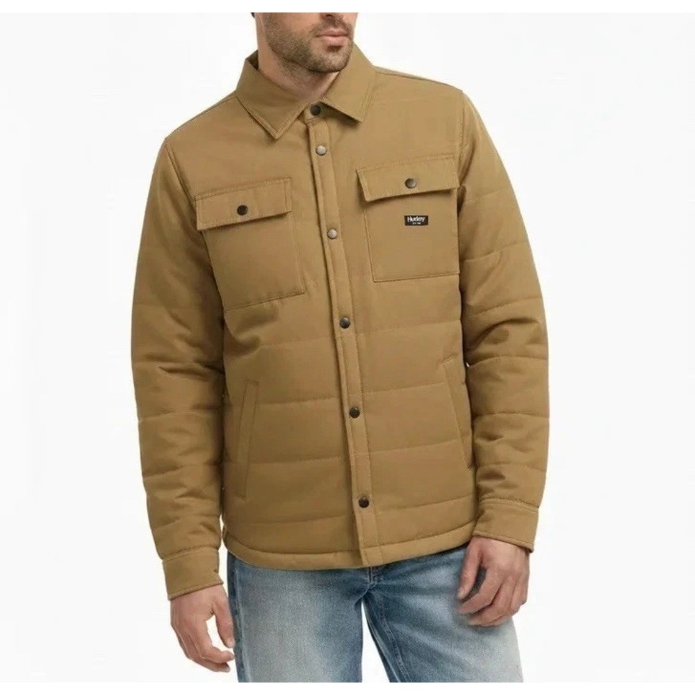 NWT XL Hurley Tan Quilted Snap Front Shirt Chore Jacket Shacket Lined Insulated